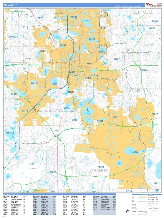 Orlando, FL ZIP Code Wall Map, Business Reference style