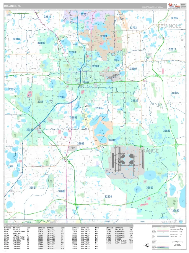 Orlando, FL ZIP Code Wall Map, Classic style