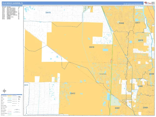 Palm Beach Gardens, FL ZIP Code Wall Map, Business Reference style
