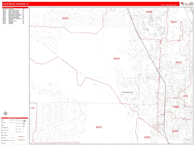 Palm Beach Gardens, FL ZIP Code Wall Map, RedLine style