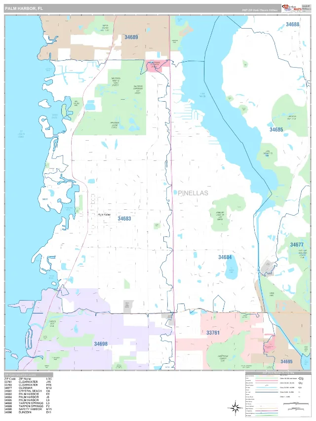 Palm Harbor, FL ZIP Code Wall Map, Classic style