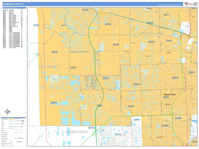 Pembroke Pines, FL ZIP Code Wall Map, Business Reference style