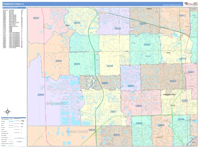 Pembroke Pines, FL ZIP Code Wall Map, ColorCast style