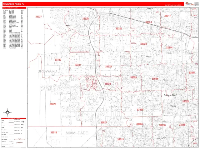 Pembroke Pines, FL ZIP Code Wall Map, RedLine style