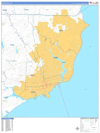 Pensacola, FL Business Reference style ZIP Code wall map