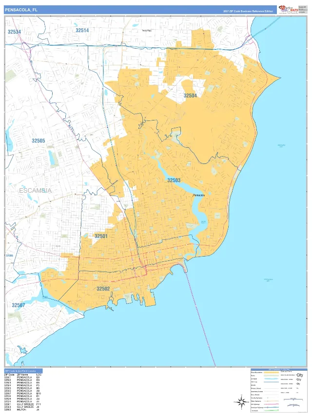 Pensacola, FL ZIP Code Wall Map, Business Reference style