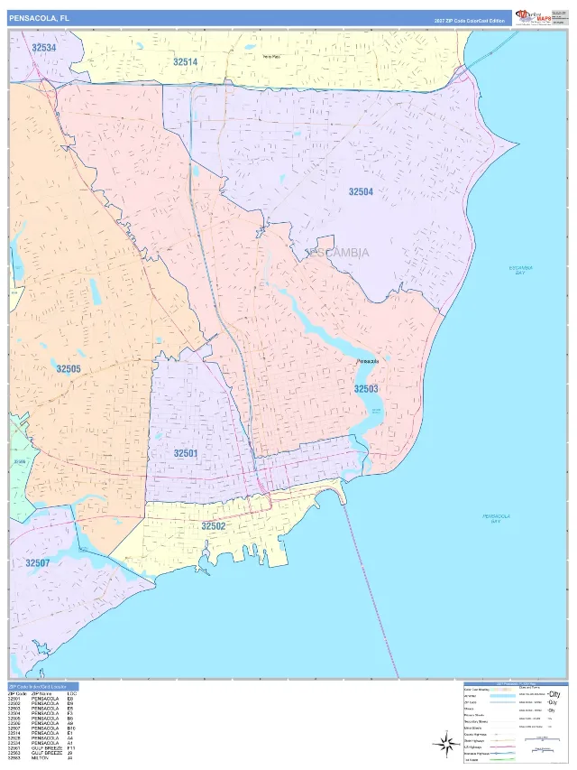 Pensacola, FL ZIP Code Wall Map, ColorCast style