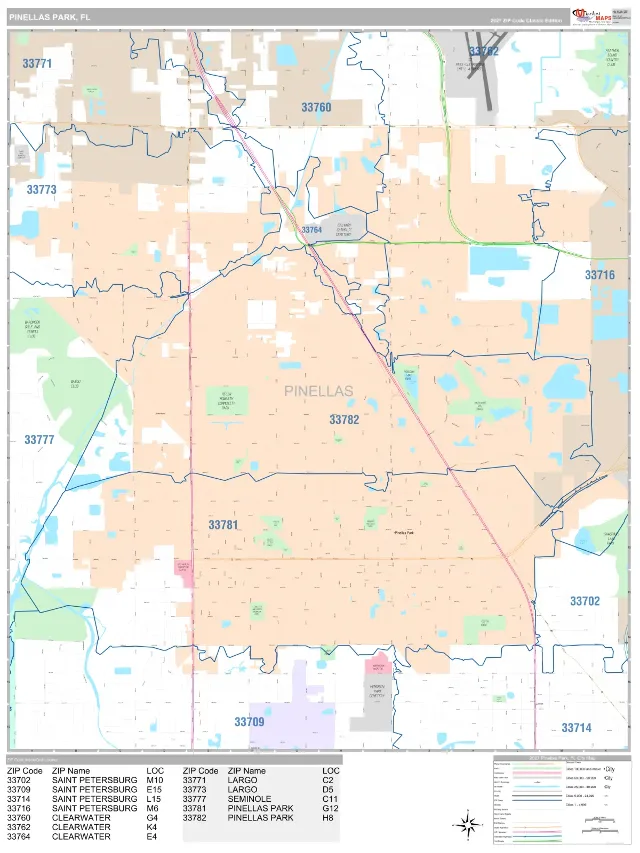 Pinellas Park, FL ZIP Code Wall Map, Classic style