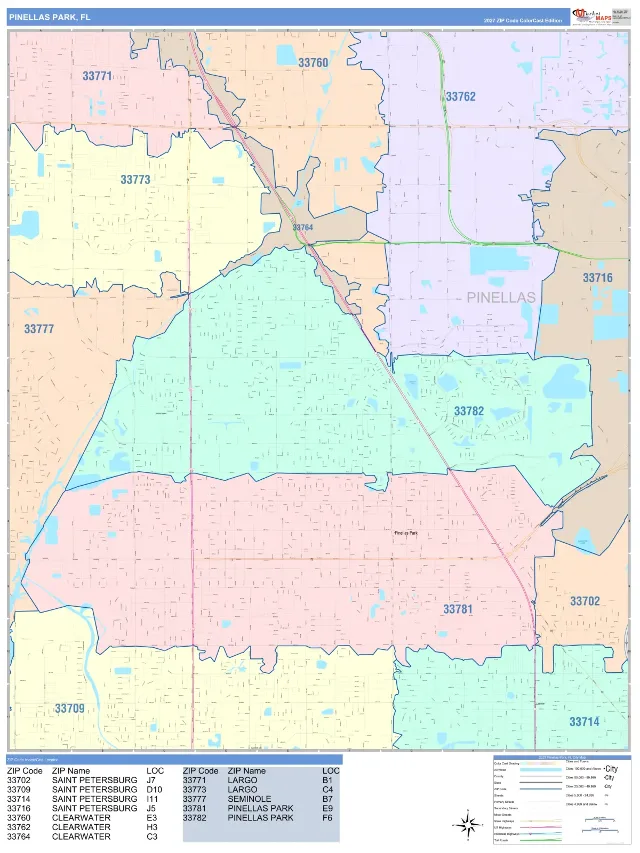 Pinellas Park, FL ZIP Code Wall Map, ColorCast style