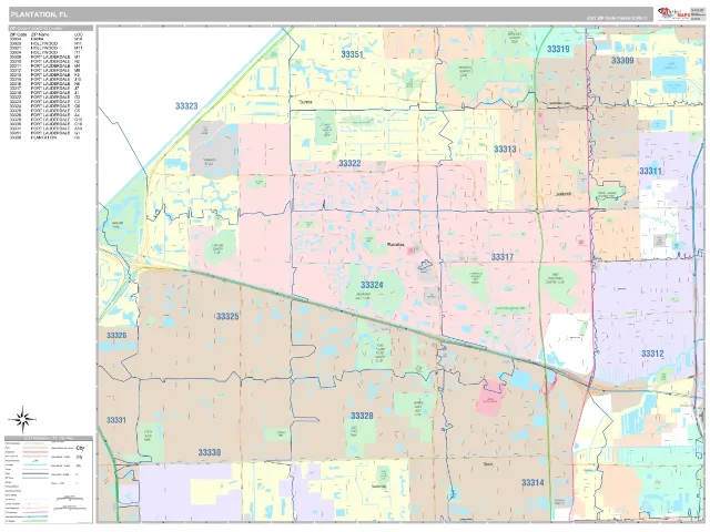 Plantation, FL ZIP Code Wall Map, Classic style