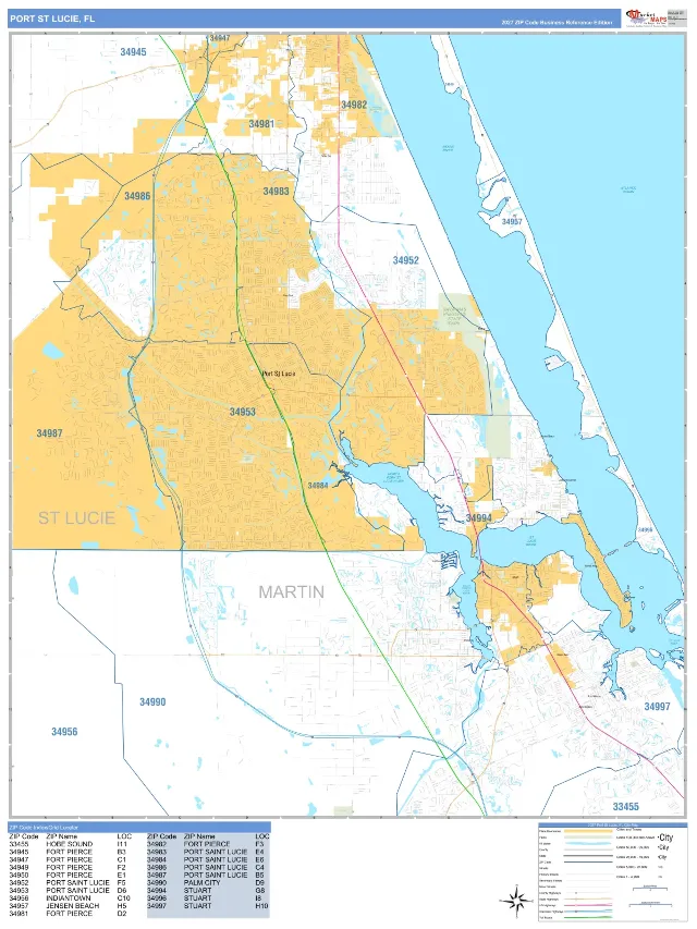 Port St Lucie, FL ZIP Code Wall Map, Business Reference style