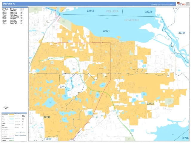 Sanford, FL ZIP Code Wall Map, Business Reference style