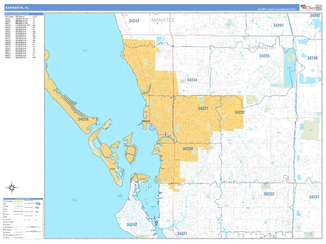 Sarasota, FL ZIP Code Wall Map, Business Reference style