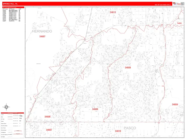 Spring Hill, FL ZIP Code Wall Map, RedLine style