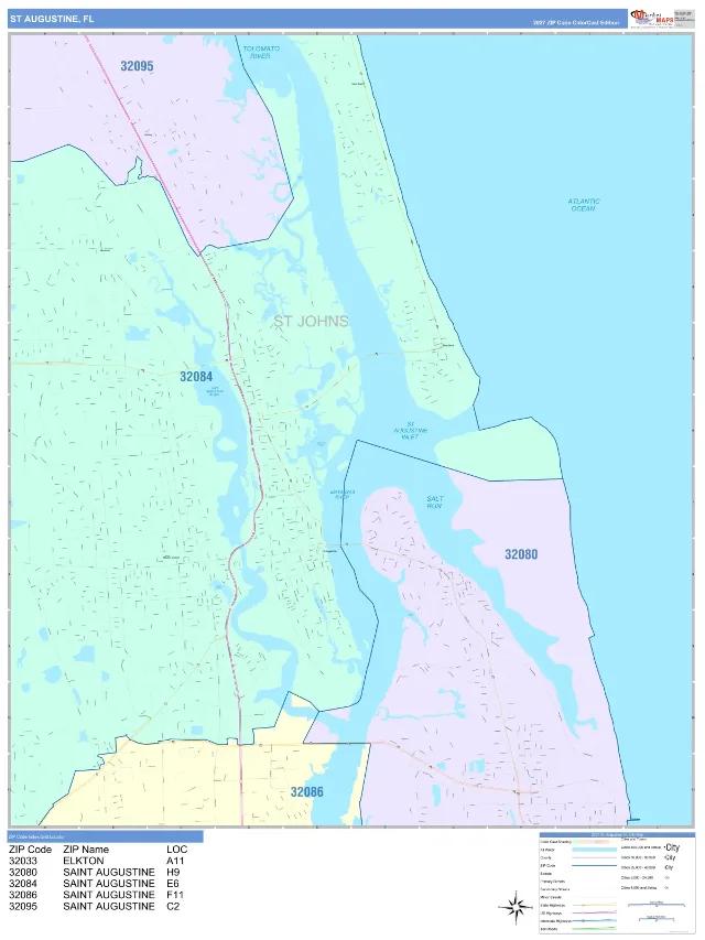 St. Augustine, FL ZIP Code Wall Map, ColorCast style