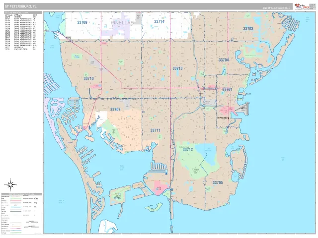 St Petersburg, FL ZIP Code Wall Map, Classic style