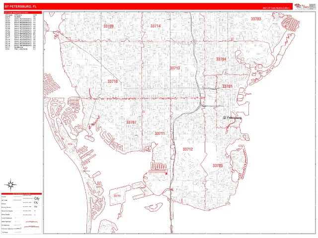 St Petersburg, FL ZIP Code Wall Map, RedLine style