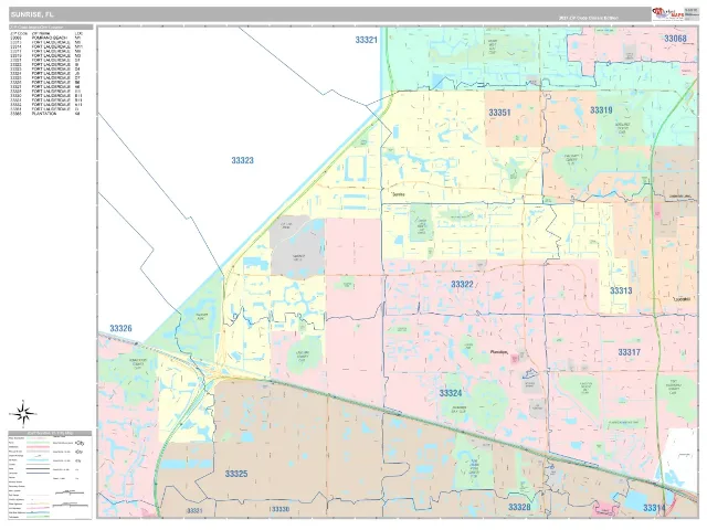 Sunrise, FL ZIP Code Wall Map, Classic style