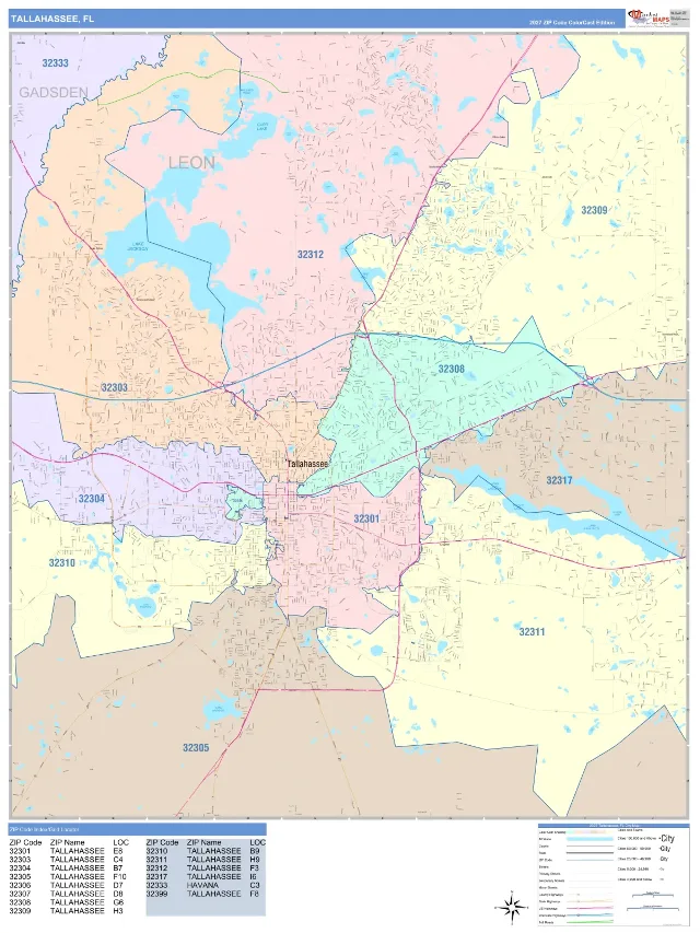 Tallahassee, FL ZIP Code Wall Map, ColorCast style