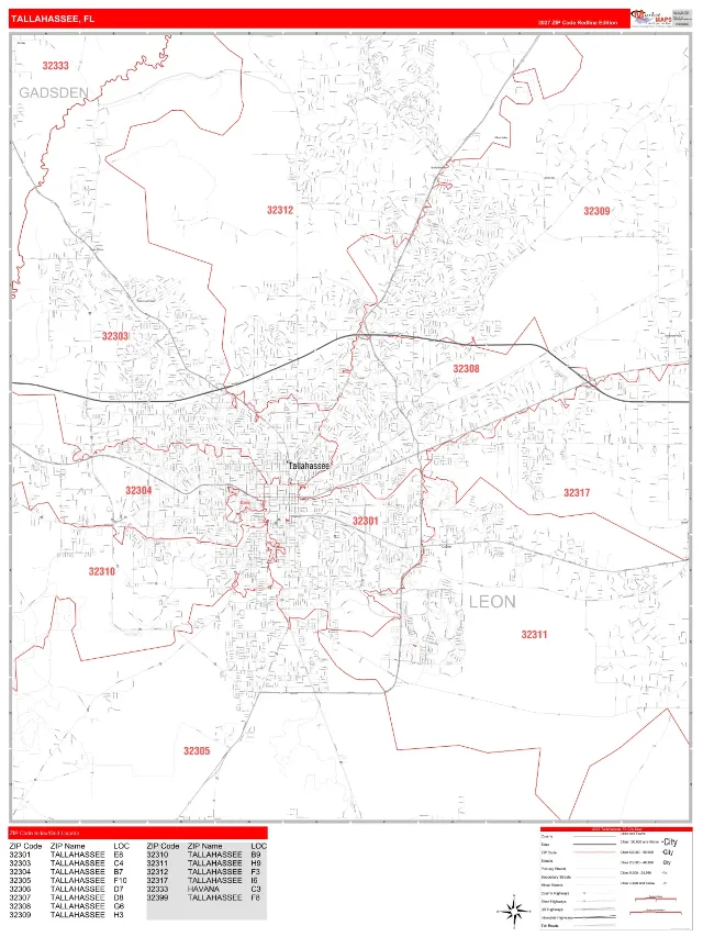 Tallahassee, FL ZIP Code Wall Map, RedLine style