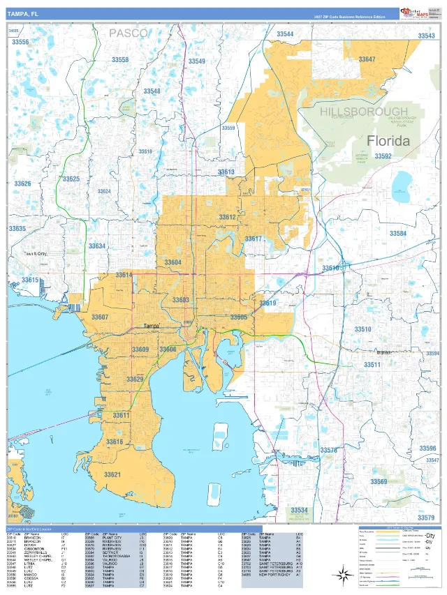 Tampa, FL ZIP Code Wall Map, Business Reference style