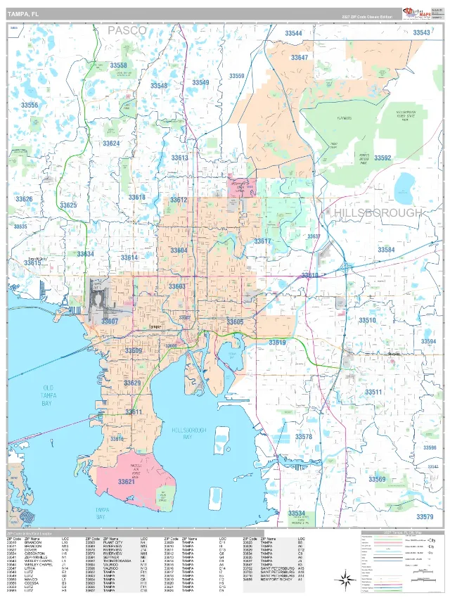 Tampa, FL ZIP Code Wall Map, Classic style