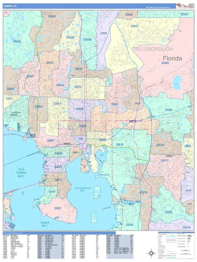 Tampa, FL ZIP Code Wall Map, ColorCast style