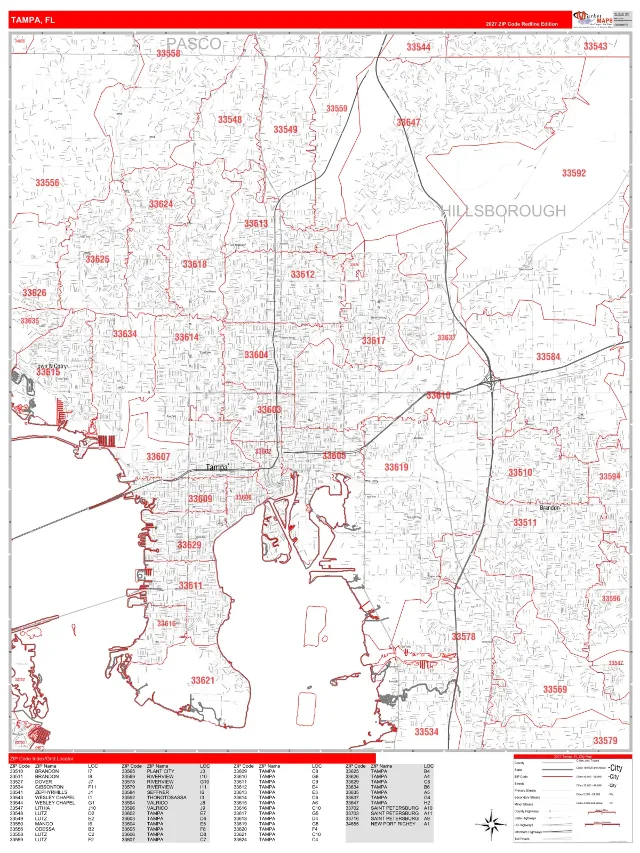 Tampa, FL ZIP Code Wall Map, RedLine style