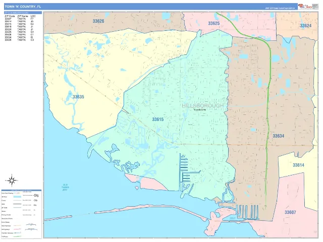 Town 'n' Country, FL ZIP Code Wall Map, ColorCast style