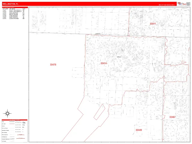 Wellington, FL ZIP Code Wall Map, RedLine style