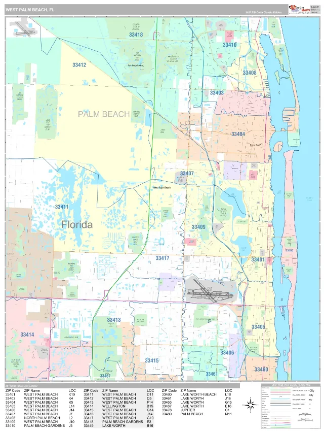 West Palm Beach, FL ZIP Code Wall Map, Classic style