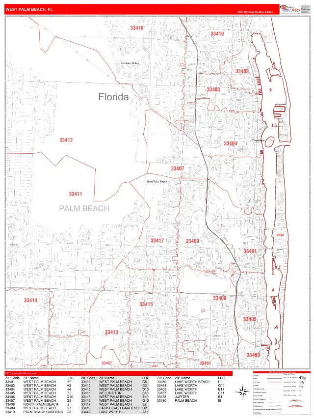 West Palm Beach, FL ZIP Code Wall Map, RedLine style