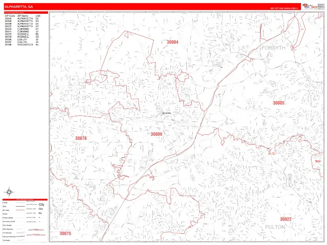 Alpharetta, GA ZIP Code Wall Map, RedLine style