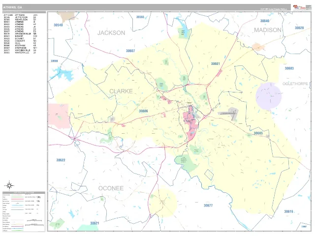 Athens, GA ZIP Code Wall Map, Classic style
