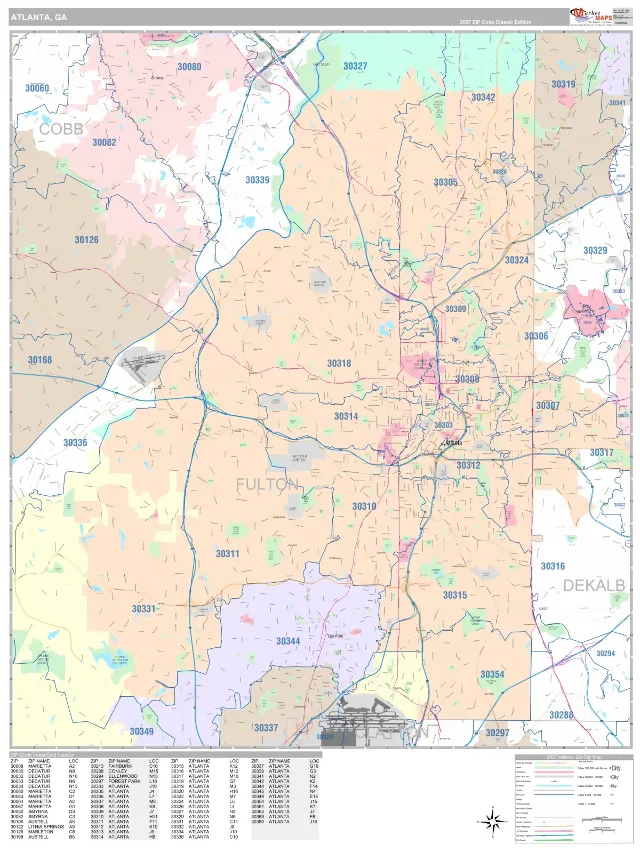 Atlanta, GA ZIP Code Wall Map, Classic style