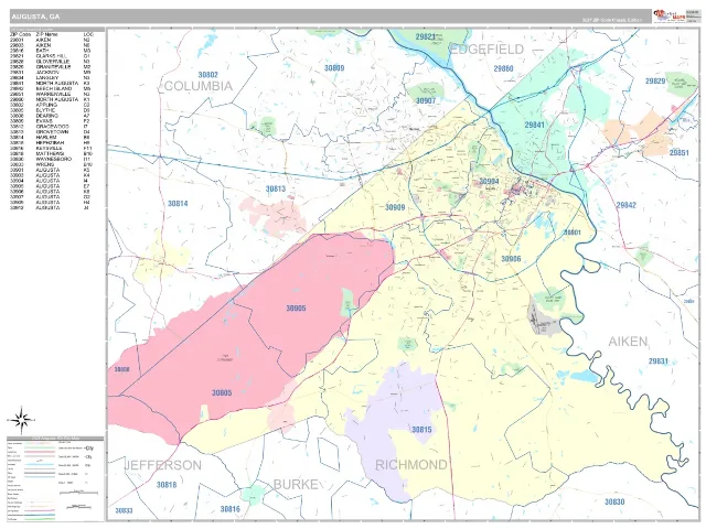 Augusta, GA ZIP Code Wall Map, Classic style