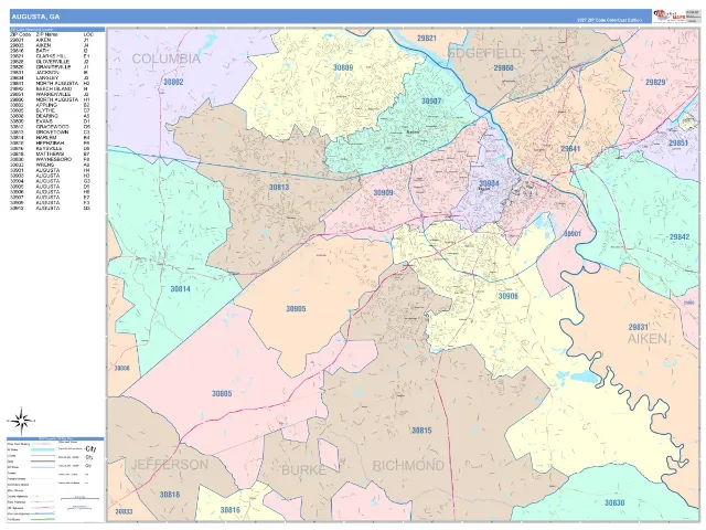 Augusta, GA ZIP Code Wall Map, ColorCast style