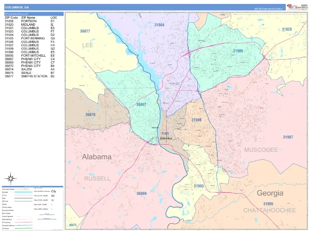 Columbus, GA ZIP Code Wall Map, ColorCast style