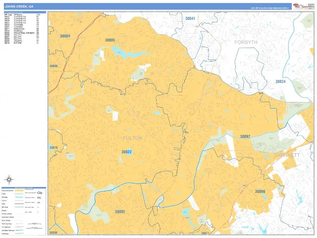 Johns Creek, GA ZIP Code Wall Map, Business Reference style