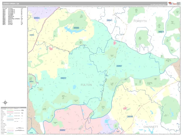 Johns Creek, GA ZIP Code Wall Map, Classic style