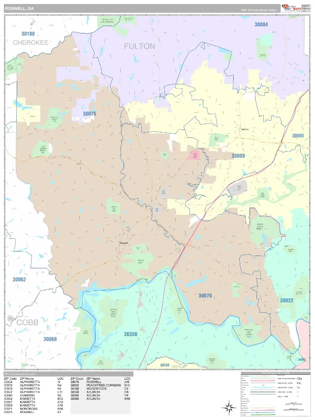 Roswell, GA ZIP Code Wall Map, Classic style