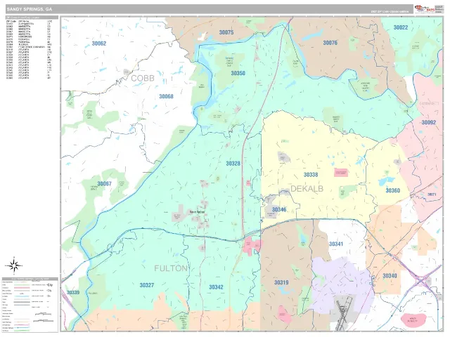 Sandy Springs, GA ZIP Code Wall Map, Classic style