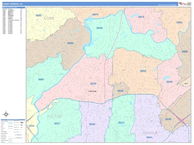 Sandy Springs, GA ZIP Code Wall Map, ColorCast style