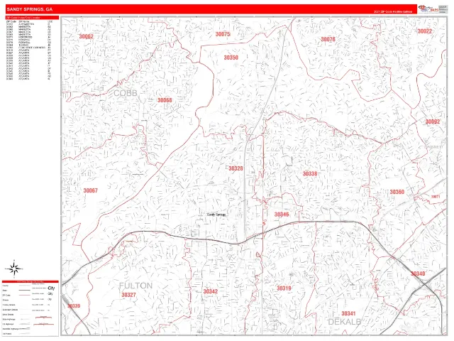 Sandy Springs, GA ZIP Code Wall Map, RedLine style