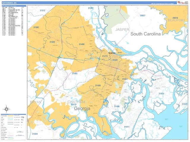 Savannah, GA ZIP Code Wall Map, Business Reference style