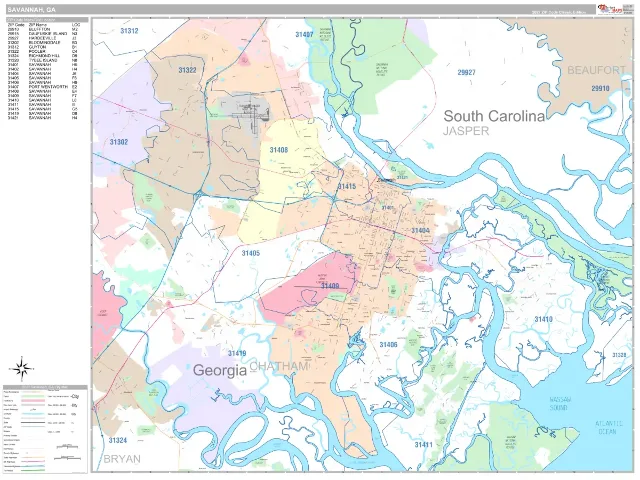 Savannah, GA ZIP Code Wall Map, Classic style