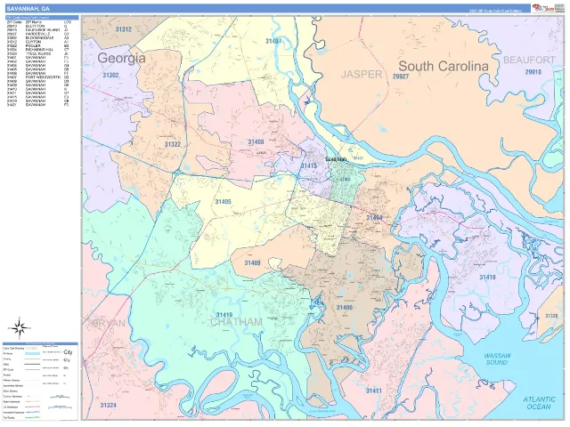 Savannah, GA ZIP Code Wall Map, ColorCast style