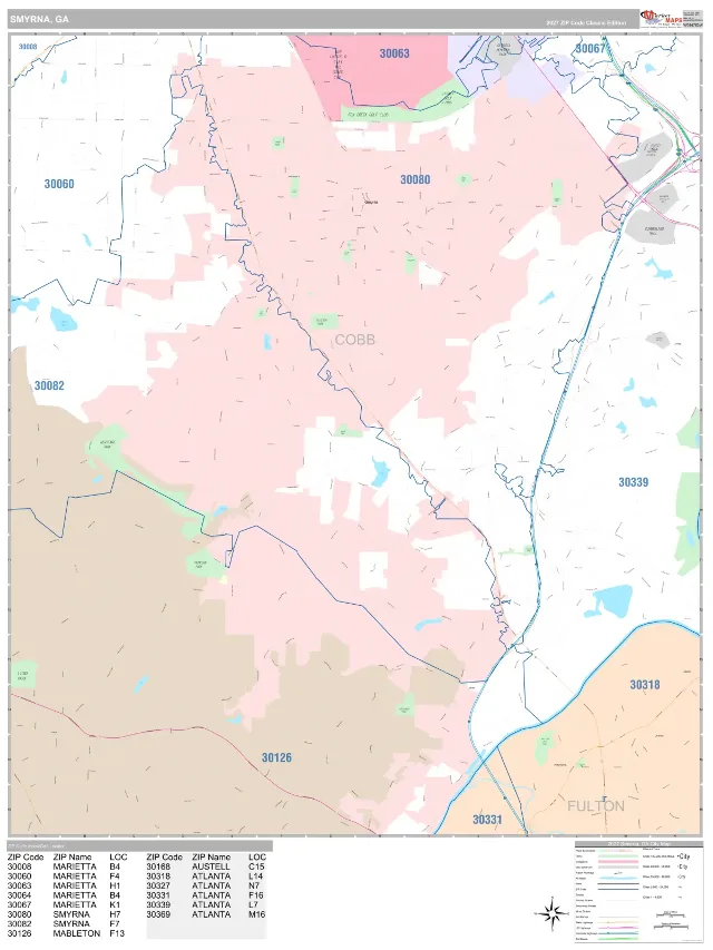 Smyrna, GA ZIP Code Wall Map, Classic style
