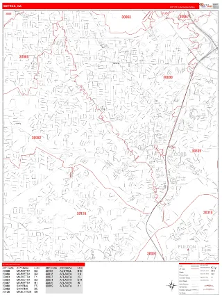 Smyrna, GA RedLine style ZIP Code wall map