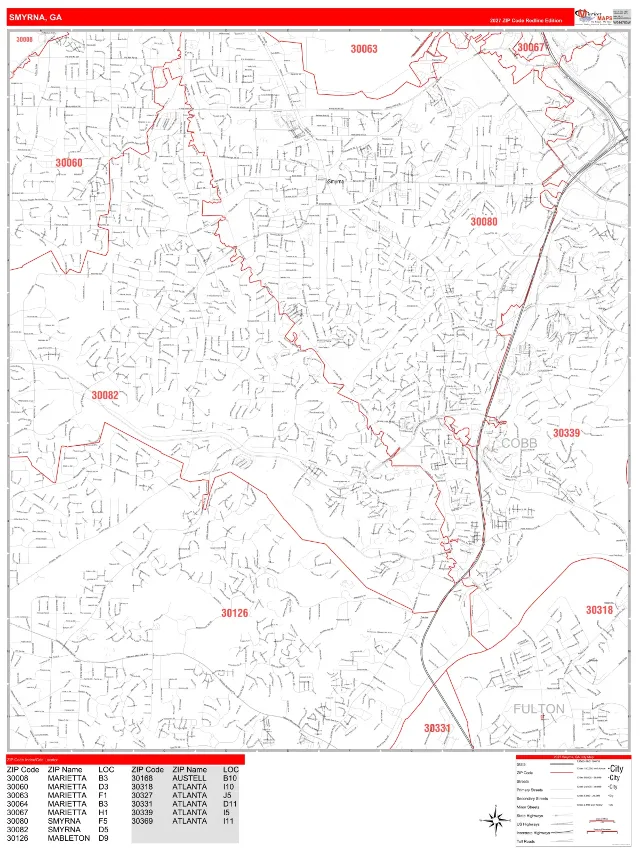 Smyrna, GA ZIP Code Wall Map, RedLine style